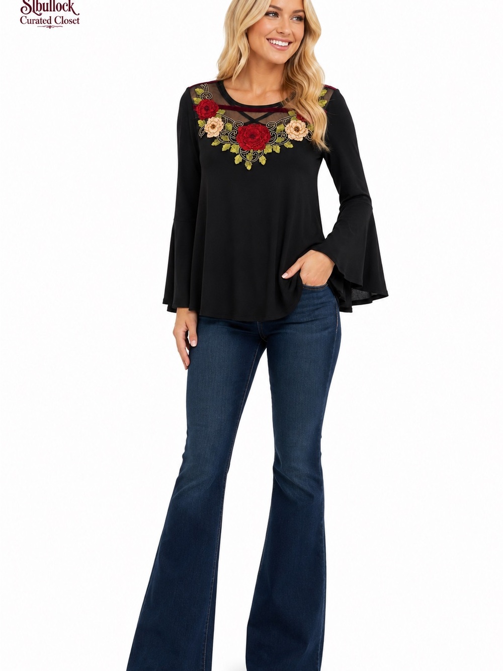 E6 Cha Cha Vente Small Black Embroidered Floral Mesh Bell Sleeve Blouse